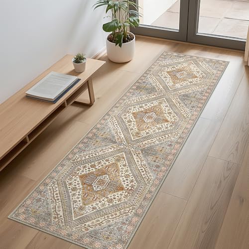 Bavni Kitchen Rug 2x5 Runner Rugs for Hallways Entryway, Washable Vintage Print Carpet, Ultra-Thin Chenille Low Pile Lightweight Rug with Non Slip Backing, Tan/Grey - color: Tan/Grey, size: 2' x 5' (Rectangular)
