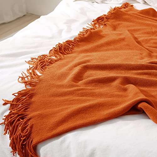 Homiest Decorative Knitted Throw Blanket with Fringe, Lightweight & Soft Acrylic Knit Blanket Tassel for Couch, Sofa, Bed (Dark Orange, 50 x 60 Inch) - color: Dark Orange, size: 50" x 60"