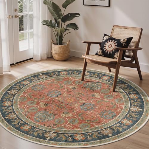 Bavni 6ft Floral Round Rugs for Living Room, Vintage Distressed Accent Circle Rug, Machine Washable Rug Non Slip Stain Resistant, Low Pile Thin Soft Coral Blue Carpet for Bedroom, Dining Room, Nursery - color: Coral Blue, size: 6' (Round)