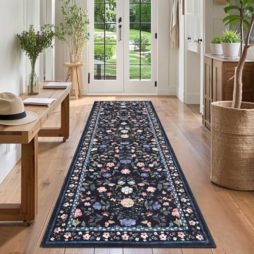 GarveeHome Washable Runner Rug 2 x 6 Non-Slip Non-Shedding Soft Vintage Bedside Rug, Low Pile Farmhouse Floral Carpet, Indoor Foldable Printed Entryway Rug for Hallway Kitchen, Dark Grey Blue - color: Dark Grey Blue, size: 2' x 6' (Rectangular)