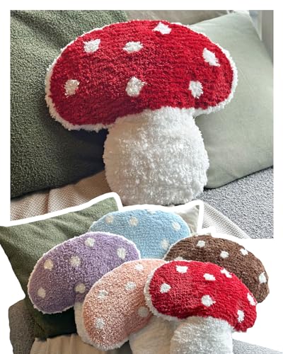 Mushroom Throw Pillow Tufted Shape Decorative Cushion 15” x 15” – Decor for Bed, Couch, Living Room (Red) - color: Red