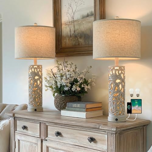 OYEARS 2-in-1 Light Table Lamp Set of 2 for Living Room, 28.5" Farmhouse Bedside Lamps with USB Charging Port, Main&Night Light & Dual Switches, Nightstand Lamp for Bedroom Home Office(Bulb Included) - color: Retro Grey
