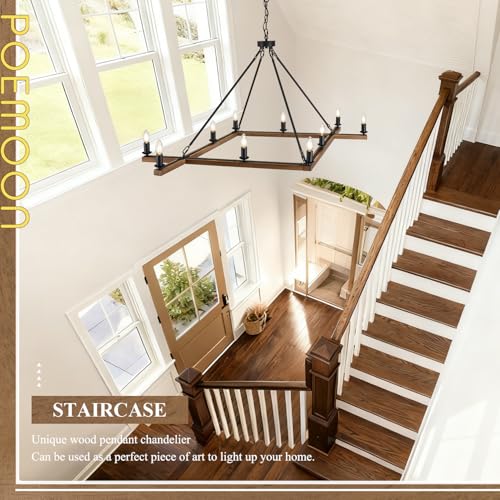 Rustic Oak Wooden Square Chandelier 10-Light L53'' Farmhouse Unique Rectangular Candle Chandelier Long Ceiling Pendant Lighting for High Ceiling Living Dining Room Foyer Kitchen Island, E12 - color: Golden Oak, size: 53 inches