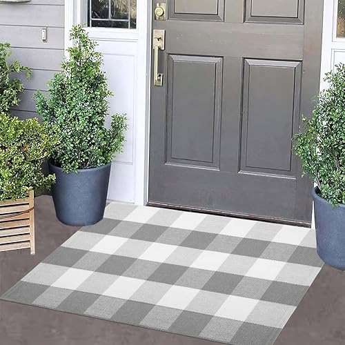 Buffalo Plaid Rug 24''x35''Grey and White Checkered Mat Cotton Machine Washable Carpet Layering Rug for Hello/Welcome Door Mat Front Porch, Kitchen, Farmhouse, Entryway,Bathroom - color: Grey Buffalo, size: 24''x 35''