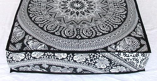 CRAFT KALA Mandala Floor Pillow Cushion Cover Seating Throw Cover Hippie Decorative Bohemian Ottoman Poufs Pom Pillow Cases Boho Indian Cotton Living Room Yoga Home Décor 24" Square Black and Elephant - color: Black and Elephant, size: 24" x 24" (Pack of