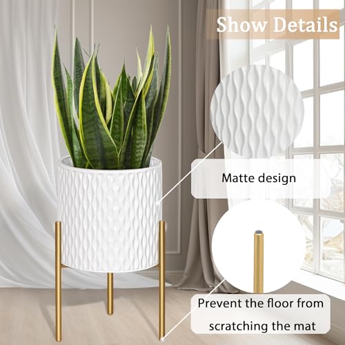 ARNIS Plants Pots with Stand, Set of 2 Planters, Unique Mid Century Decorative Metal Flower Pots with Drainage, 10.5 & 12.25 Inch, White and Gold - color: Glossy White, size: 10.5 &12.25