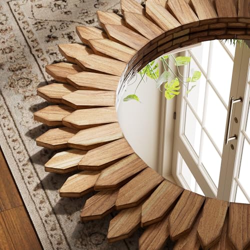 28 Inch Brown Boho Wall Decor Sunburst Mirror - Round Wooden Wall Decor, Handmade Rustic Circular Mirror for Living Room, Bedroom, Entryway, Office - color: Brown, size: 28"L x 28"W