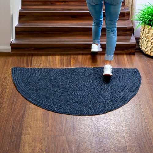 Super Area Rugs Farmhouse Jute Braided Rug - Reversible Natural Fiber- Eco Friendly Rug for Living Room - Kitchen - Dining Room Hand Woven, Navy, Half Circle 16" x 33" - color: Navy Blue, size: 1'4" x 2'9" (Semicircular)