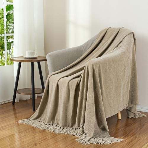 Chenille Throw Blanket for Couch with Tassels,50"X60" Soft Cozy Lightweight Knitted Boho Decorative Blankets for Bed and Sofa,Taupe - color: Taupe, size: 50"x60"