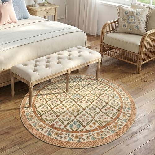 jinchan Haden Round Rug 5ft Vintage Floral Washable Rug for Entryway Kids Room Soft Non-Slip Low Pile Circle Carpet Nursery Living Room Reading Nook Cottage Indoor Decor Terracotta - color: Terracotta, size: 5' (Round)