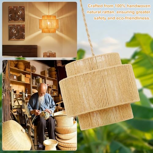 Vinaco Boho Hanging Light Plug in with Rotary Switch, Hand-Woven Dimmable Switch Swag Lamp, 3-Tier Wicker Swag Lights with Plug in Cord 15.4ft, Rattan Wicker Pendant Lights Living Room Corridor Foyer - size: 3 tier HL-8