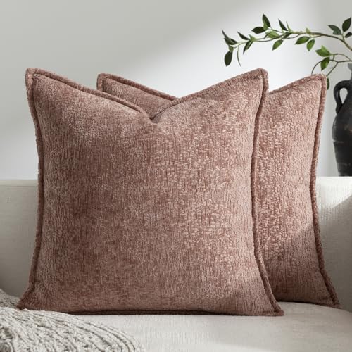 DEZENE Pack of 2 Dusty Pink Decorative Throw Pillow Covers 24x24 Cozy Soft Chenille Accent Vintage Square Couch Pillow Covers for Home Decor Bed Sofa Living Room - color: Dusty Pink, size: 24" x 24" (Pack of 2)