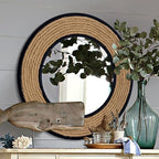 30'' Nautical Round Mirror, Black | Rattan & Metal Frame, Ship Rudder Design, Boho Coastal Wall Decor, , For Bathroom, Living Room, Dining Room, Entryway