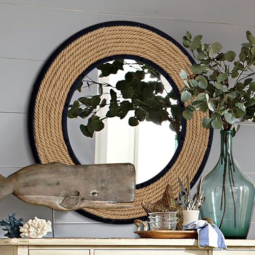 30'' Nautical Round Mirror, Black | Rattan & Metal Frame, Ship Rudder Design, Boho Coastal Wall Decor, , For Bathroom, Living Room, Dining Room, Entryway