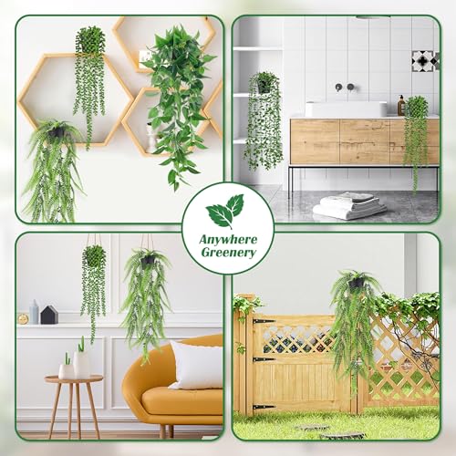 Der Rose 4Pcs Fake Plants Hanging Artificial Ivy Vine Faux Eucalyptus Hanging Plants, Boston Fern, String of Pearls for Living Room Aesthetic Bedroom Boho Kitche Wall Shelf Indoor Outdoor Decor - color: Black Pots-4pcs Green