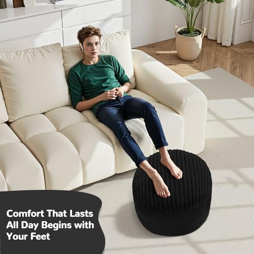 MeMoreCool Stuffed Round Pouf Ottoman Foot Rest, Soft Plush Floor Pouf Foot Stool, Corduray Footstool Footrest, Small Round Ottoman for Living Room Couch Sofa Chair, 20x15 Inch Black - color: Ribbed Black