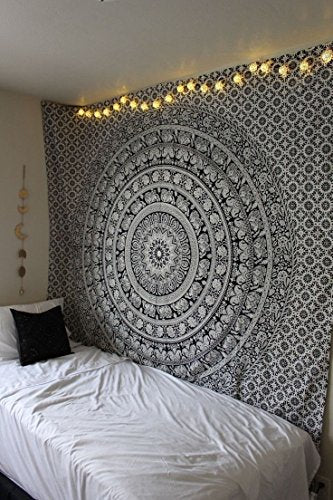 RAJRANG Boho Small Mandala Tapestry 60x50 Inches Black and White Aesthetic Elephant Tapestries Hippie Bohemian Cotton Wall Hanging Decor - color: Black & White, size: 60"L x 50"W