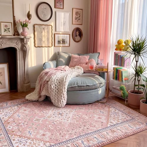 5x7 Area Rugs for Living Room, Machine Washable Low Pile Rug, Non Slip Backing Boho Rugs for Bedroom, Printed Soft Vintage Carpet Peach Pink 5 x 7 - color: 08/Peach/Soft Blush/Thistle/Terracotta, size: 5' x 7' (Rectangular)