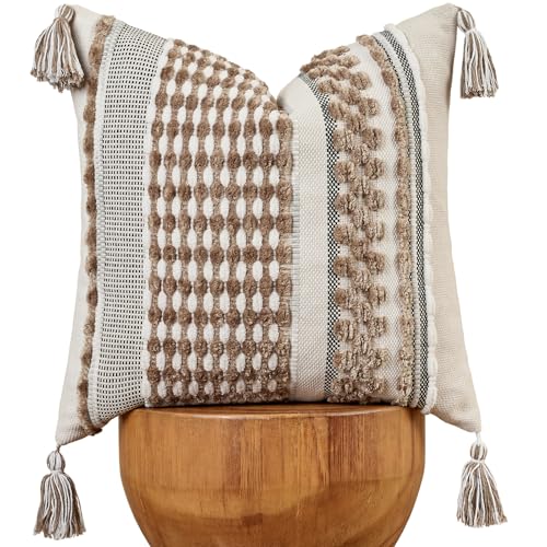 AmHoo Chenille Striped Textured Boho Throw Pillow Covers Aesthetic with Tassels Woven Decorative Pillow Case for Couch Bed Sofa Bedroom Modern Funky 18 x 18-Inch Taos Taupe - color: Taos Taupe, size: 18" x 18" (Pack of 1)