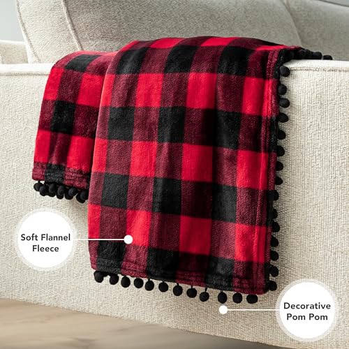 PAVILIA Black Red Fleece Throw Blanket for Couch with Pom Pom Fringe, Buffalo Checkered Plaid, Soft Cozy Fuzzy Flannel Blanket for Sofa Bed, Lightweight Plush All Season Throw, 50x60 Inches - color: Checkered Red, size: 50"x60"
