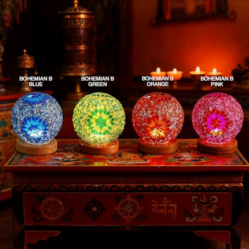 Turkish Bohemian Table Lamp Vintage Stained Glass Globe Light 5V USB Power Dimmable Mosaic Night Lights for Birthday Party Wedding Decoration Bohemian Tiffany Bedside Lamps(Boho-Pink, Boho) - style: Bohemian B Pink