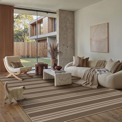 PureCozy Striped Easy Jute Rug 6x9 Brown Living Room Carpet Washable Non Slip Bedroom Rug Farmhouse Neutral Non Shedding Indoor Outdoor Large Carpet for Dining Room Under Table Office - color: Brown/Striped, size: 6' x 9' (Rectangular)