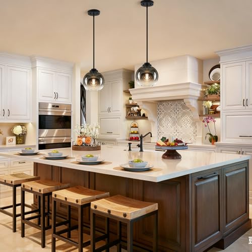 MQMQA 2 Pack Globe Pendant Lights, Mid Century Pendant Light Fixtures, Globe Pendant Lights Kitchen Island with Gray Glass Shade Adjustable Hanging Fixture for Dining Room (Bulbs not Included) - color: Matte Black + Gradient Gray Glass 2 Pack