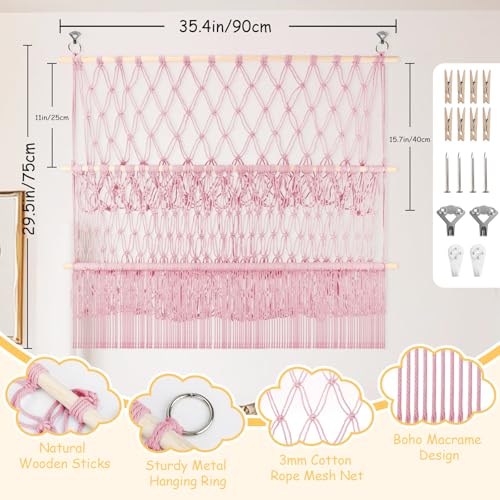 2 Tier Stuffed Animal Storage Shelf Net, 35x30'' Large Plushie Net w/ 2.4/1'' Dense Mesh for Mini Medium Stuffy Teddy, Pink Boho Macrame Plushies Storage Holder w/ Lights&Clips for Nursery Decor - color: Light Pink, size: Large-2 Tier-35x30 Inch