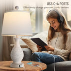 PARTPHONER Traditional Table Lamps Set of 2, Bedside Touch Lamp with USB C+A Charging Ports, Rustic Farmhouse Table Lamps for Living Room Bedroom, Side Table Lamp with White Fabric Shade, Antique Grey - size: Grey 22.6" Touch Lamp