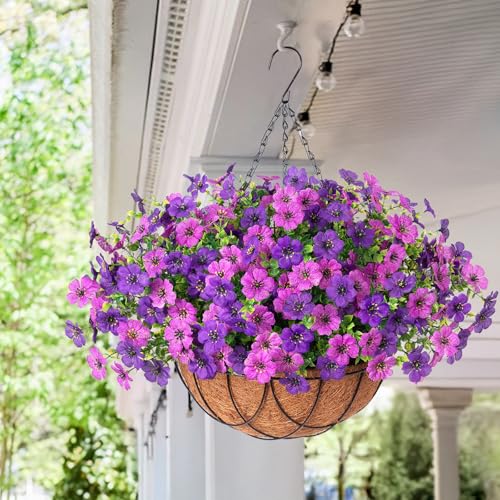 Artificial Silk Flowers Hanging Baskets Outdoors Indoors, Daisy with Eucalyptus Leaves Arrangement for Garden Yard Spring Summer Decor Faux Green Plant Metal Coconut Lining (Dark Purple Purple) - color: Dark Purple & Purple