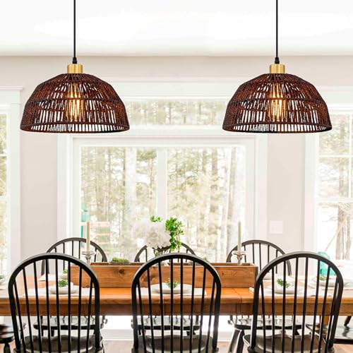 Cinkeda Plug in Pendant Light, Hanging Lights with 15ft Cotton Cord & Stepless Dimming Switch, Handwoven Hemp Rope Lampshade, Black Rattan Lamp for Dining Room,Hallway - color: Black Rattan 11.8"