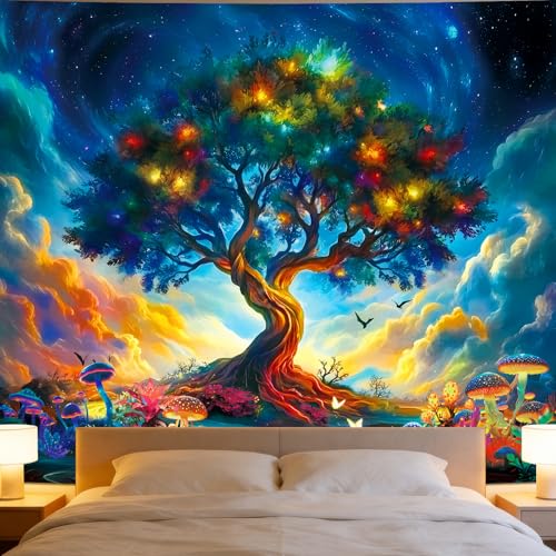 Apdidl Tree of Life Space Tapestry for Bedroom, Nature Galaxy Starry Sky Mushroom Posters Tree Wall Tapestries, Colorful Cloud Landscape River Wall Hanging Aesthetic for Living Room Decor 51"X60" - color: Tree of Life Tapestry, size: 60"L x 51"W