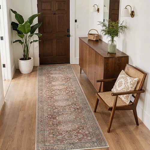Bavni Washable Runner Rug 2’6”x10’, Non Slip Long Hallway Runner, Vintage Aesthetic Ultra Thin Low Pile Washable Carpet for Kitchen Bedroom, Brick - color: Brick, size: 2'6" x 10' (Rectangular)