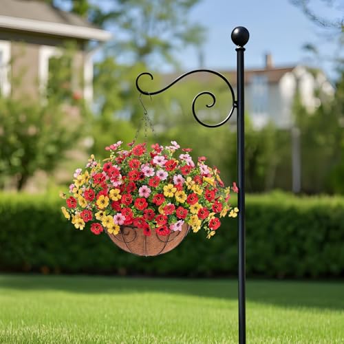 Ammyoo Artificial Faux Hanging Plants Flowers Basket for Spring Outdoor Decoration, Fake Silk Daisy UV Resistant Look Real with Eucalyptus Leaves Summer Outside Decor for Home Patio Garden - color: Red Yellow White