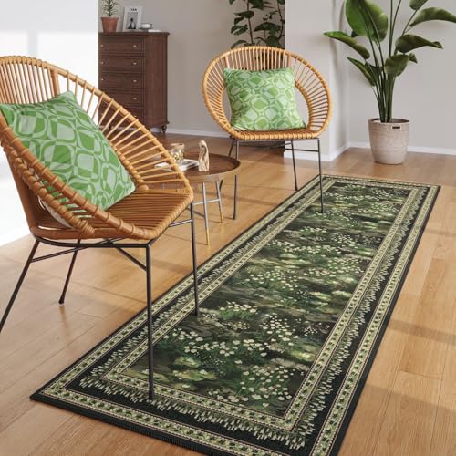 Rugcomf 2x6 Runner Rug Impressionist-Style Vintage Kitchen Rugs Non Slip Washable Soft Carpet Runner for Kitchen Laundry Bedroom Bathroom, Green - color: Green, size: 2' x 6' (Rectangular)