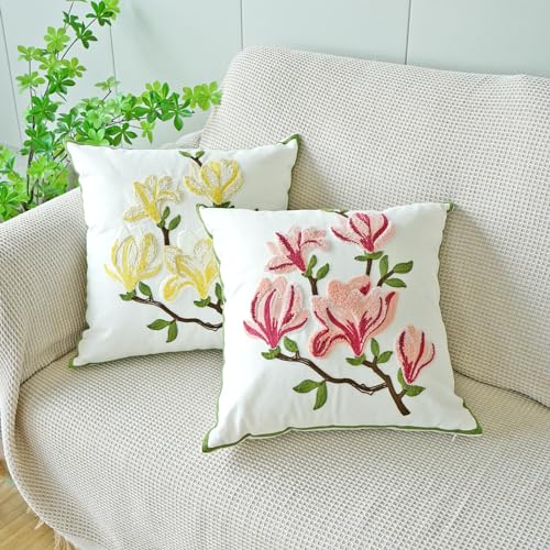 vctops Farmhouse Magnolia Flower Cotton Tufted Throw Pillow Cover Spring Floral Embroidery Pillowcase Soft Square Cushion Case for Sofa Couch Bed Chair (Pink E,18"x18") - color: Pink E