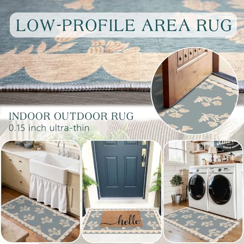 Front Door Mat Indoor Entrance - 2x4.3 Ft Floral Washable Layered Doormat Outdoor Entrance Porch Rug Non-Slip Blue Retro Farmhouse Runner Rug for Kitchen Bedroom Laundry Room Porch Decor - color: Flower - Haze Blue, size: 2' x 4'3" (Rectangular)