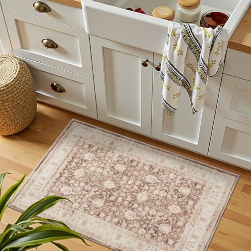 jinchan 2x3 Washable Vintage Floral Rug, Distressed Traditional Entryway Rug, Soft Low-Pile Non-Slip Accent Mat for Indoor Foyer, High-Traffic Kitchen Sink Laundry Room, Taupe - color: Oriental Taupe, size: 2' x 3' (Rectangular)
