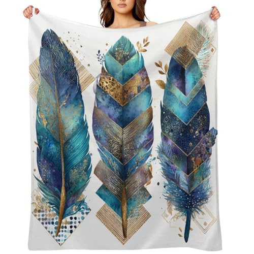 Blanket Bohemian Feather Leaf Throw Blanket for Women Men, 60"x80" Vintage Gold Geometry Plush Flannel Throws, Decor for Bed Couch Bedroom - color: Bohemian Feather Leaf, size: 60"x80"