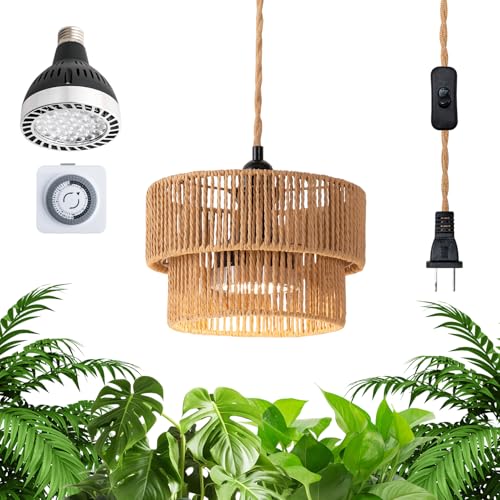 Hanging Grow Light, 30W LED Lamp with Timer for Indoor Plants | 4000K LED plant lamp with 15 ft cord, outlet timer, and boho paper rope shade for succulents, herbs, and low-light rooms. - color: Tiered