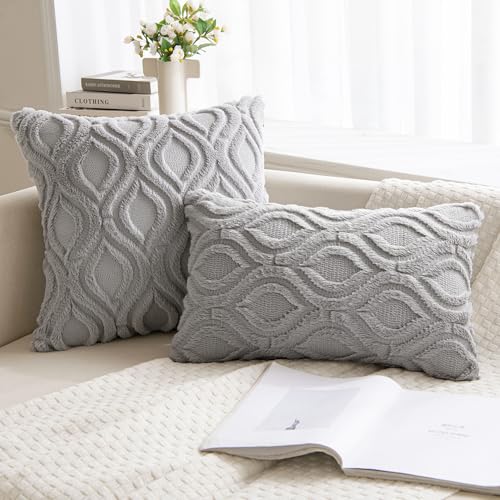 MIULEE Light Grey Throw Pillow Covers 18x18 Inch, Soft Winter Plush Faux Wool Couch Pillow Covers Set of 2 Decorative Farmhouse Boho Throw Pillows for Sofa Living Room Bed - color: Light Grey, size: 18" x 18" (Pack of 2)