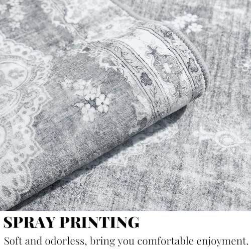 MUJOO Grey Rug 2'x3',Small Washable Area Rugs for Entryway Kitchen Bathroom Bedroom,Boho Vintage Bohemian Distressed Farmhouse Non Slip Carpet, Floral - color: Grey, size: 2' x 3' (Rectangular)