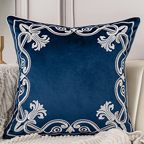 Aeckself European Floral Pillow Cover 18x18 Inch, Luxury Velvet Embroidered Decorative Throw Pillow Cover for Couch Bedroom Living Room, Navy Blue and White - color: Navy Blue, size: 18" x 18" (Pack of 1)