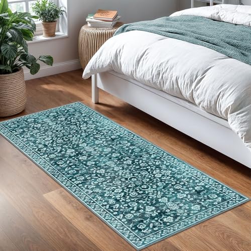 Vintage Washable 2x5 Rug Runner, Teal Runners for hallways, Super Soft Kitchen Runner Rug Non Slip, Print Faux Wool Floral Thin Carpet Runner for Entryway Indoor Bedroom - color: Vintage Teal, size: 2' x 5' (Runner)