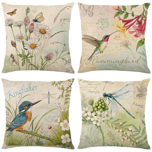 wyooxoo Throw Pillow Covers 16x16 Set of 4 Spring Summer Pillow Covers Flower Butterfly Bird Farmhouse Pillowcases for Sofa Couch Living Room Outdoor - color: Color H, size: 16" x 16" (Pack of 4)