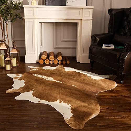 BENRON Premium Faux Cowhide Rug, Cow Print, Rustic Western Rugs for Living Room Bedroom, Irregular Animal Skin Hides, 4.6 x 5.2ft, Anti-Skid Cool Carpets for Cowboy Cowgirl Home Decor, Khaki Brown - color: Caramel, size: 4'7" x 5'2" (Irregular)