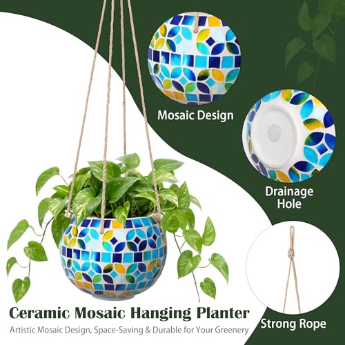 Ceramic Hanging Planter Mosaic Hanging Flower Pot Small Plant Pot for Indoor Plant Garden Decor Disco Ball Planter with Drainage Square Blue - color: Blue