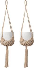 2 Pack Macrame Hanging Planters with Patterns - Stylish Plant Hangers Crochet Boho Plant Holder Hanging Plant Basket for Up to 6 Inch Pots(Caramel)