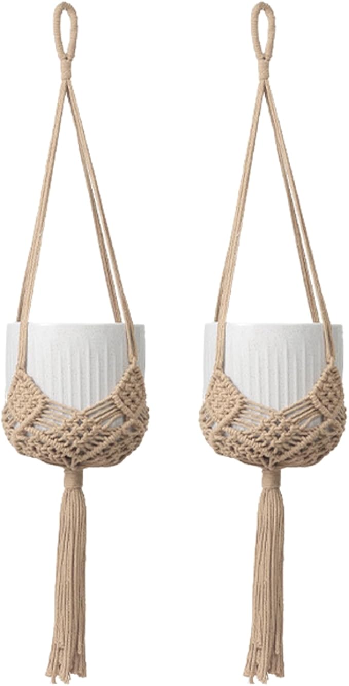 2 Pack Macrame Hanging Planters with Patterns - Stylish Plant Hangers Crochet Boho Plant Holder Hanging Plant Basket for Up to 6 Inch Pots(Caramel)