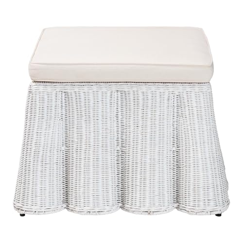 Bali & pari Palm Bohemian White Scallop Rattan Ottoman - color: White